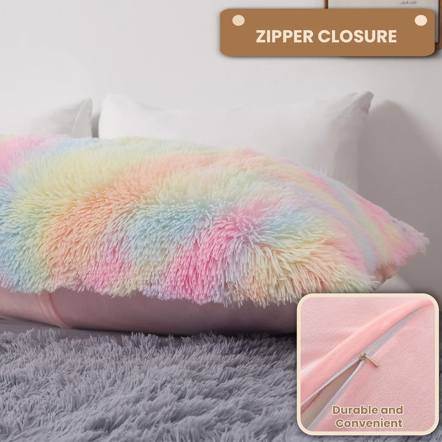 MEGO Rainbow Print Fluffy Body Pillow Cover, 20x54 Shaggy Faux Fur Body Pillow Case, Tie Dye Soft Plush Fuzzy Body Pillowcase, Furry Long Bed Pillow with Zipper for Kids Girls Children Women Rainbow