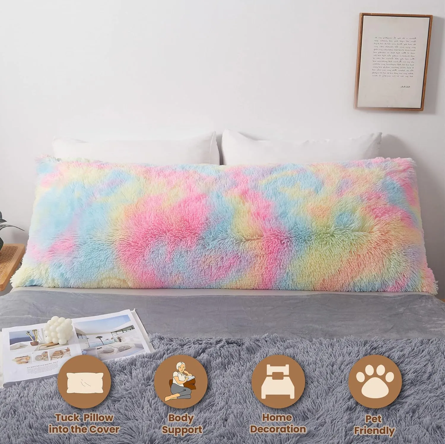 MEGO Rainbow Print Fluffy Body Pillow Cover, 20x54 Shaggy Faux Fur Body Pillow Case, Tie Dye Soft Plush Fuzzy Body Pillowcase, Furry Long Bed Pillow with Zipper for Kids Girls Children Women Rainbow