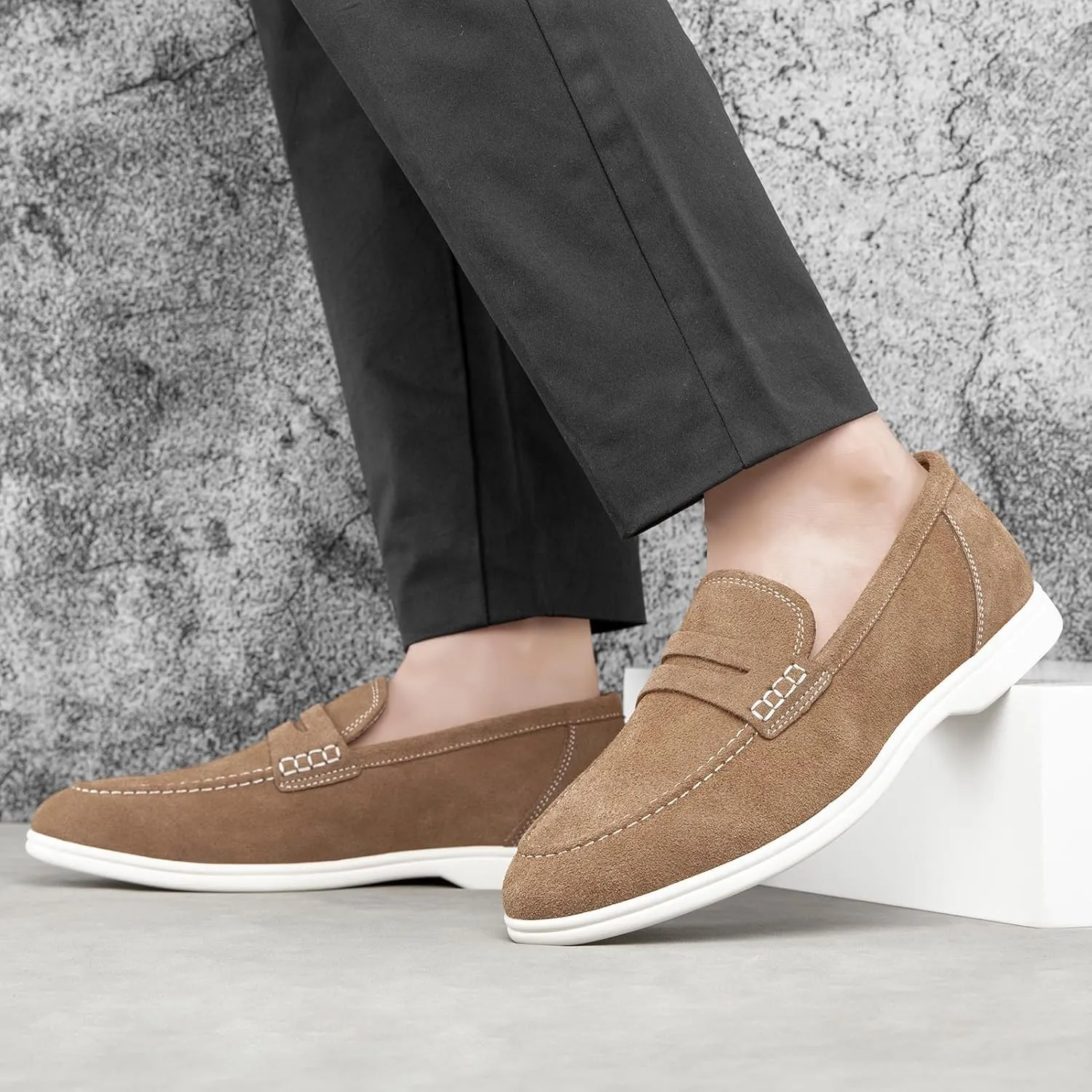 Meijiana Men's Genuine Leather Loafers Slip-On Moccasins Suede Dress Shoes, Lightweight and Breathable with Rubber Sole Stylish Mens Loafers