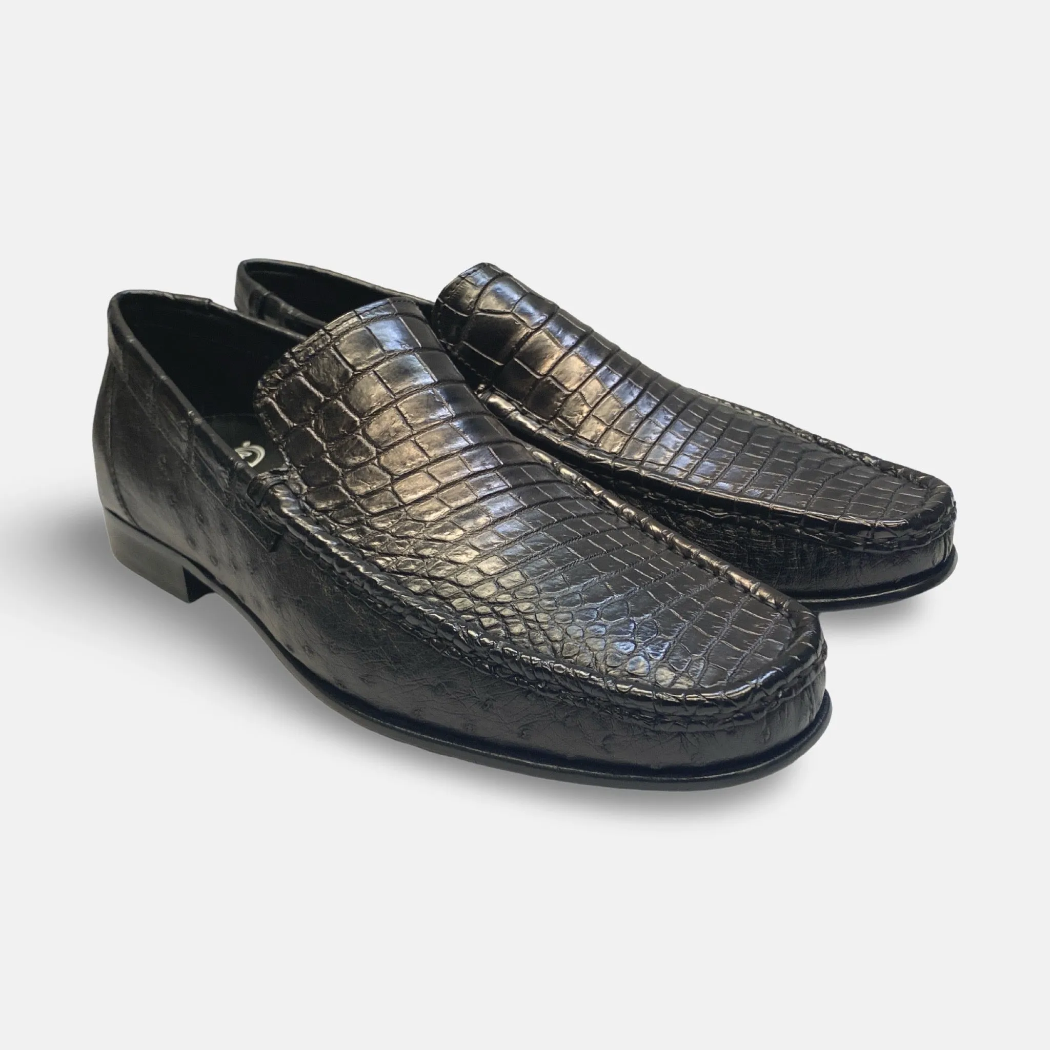 Men's Calzoleria Toscana Black Ostrich and Crocodile Loafer - Style 2817-M