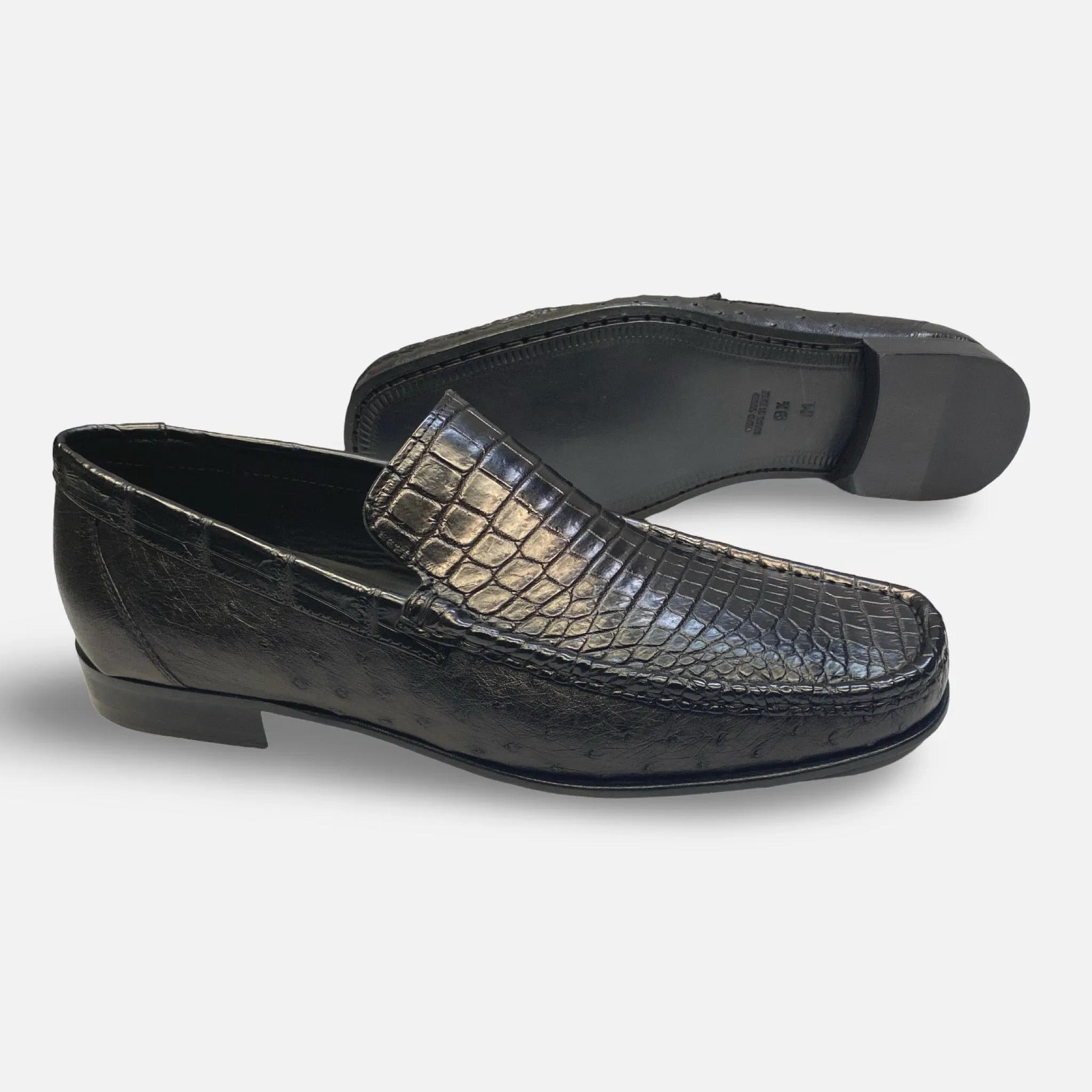Men's Calzoleria Toscana Black Ostrich and Crocodile Loafer - Style 2817-M