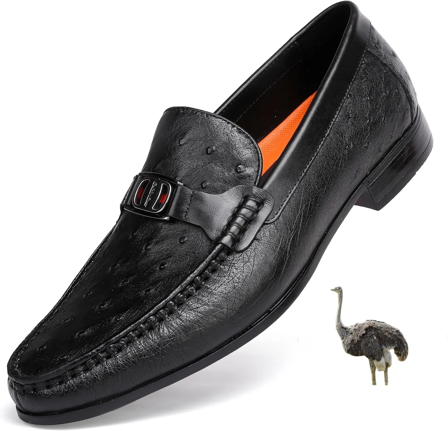 Men's Genuine Leather Loafer, Luxury Ostrich Printed Dress Shoes with Buckle Business Formal Shoes Wedding Penny Loafer for Men, Black