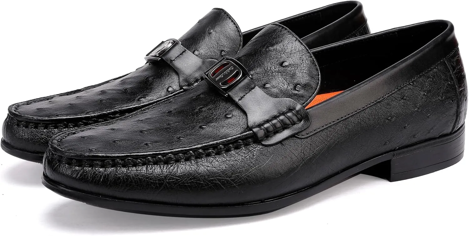 Men's Genuine Leather Loafer, Luxury Ostrich Printed Dress Shoes with Buckle Business Formal Shoes Wedding Penny Loafer for Men, Black