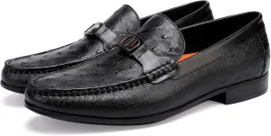 Men's Genuine Leather Loafer, Luxury Ostrich Printed Dress Shoes with Buckle Business Formal Shoes Wedding Penny Loafer for Men, Black