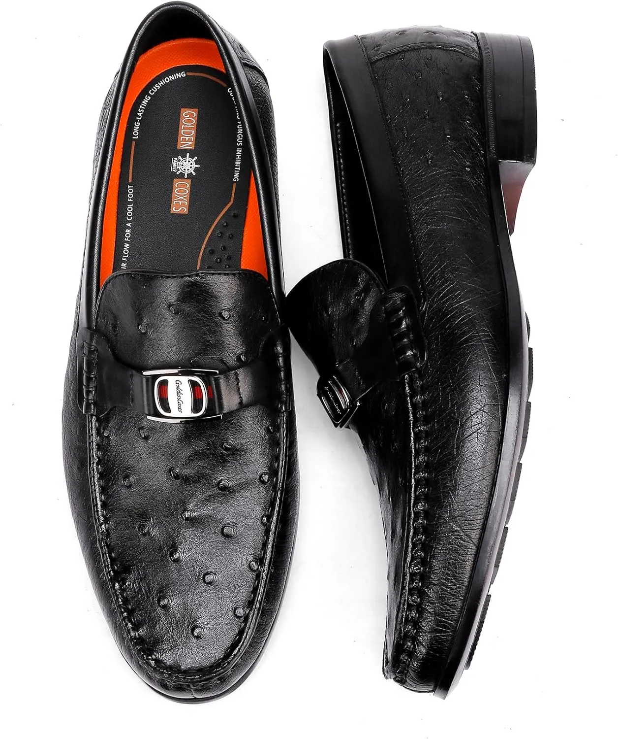 Men's Genuine Leather Loafer, Luxury Ostrich Printed Dress Shoes with Buckle Business Formal Shoes Wedding Penny Loafer for Men, Black