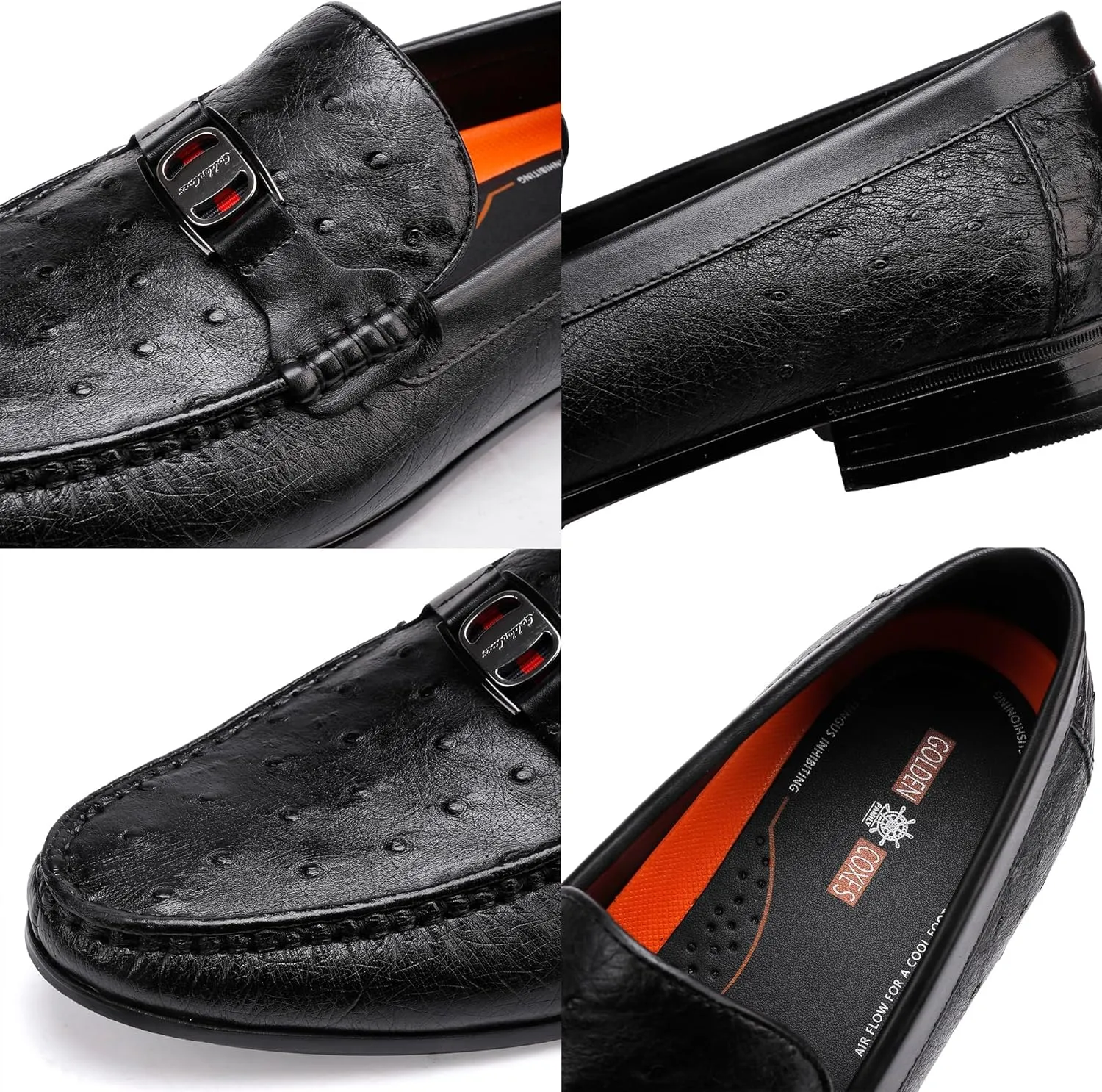 Men's Genuine Leather Loafer, Luxury Ostrich Printed Dress Shoes with Buckle Business Formal Shoes Wedding Penny Loafer for Men, Black