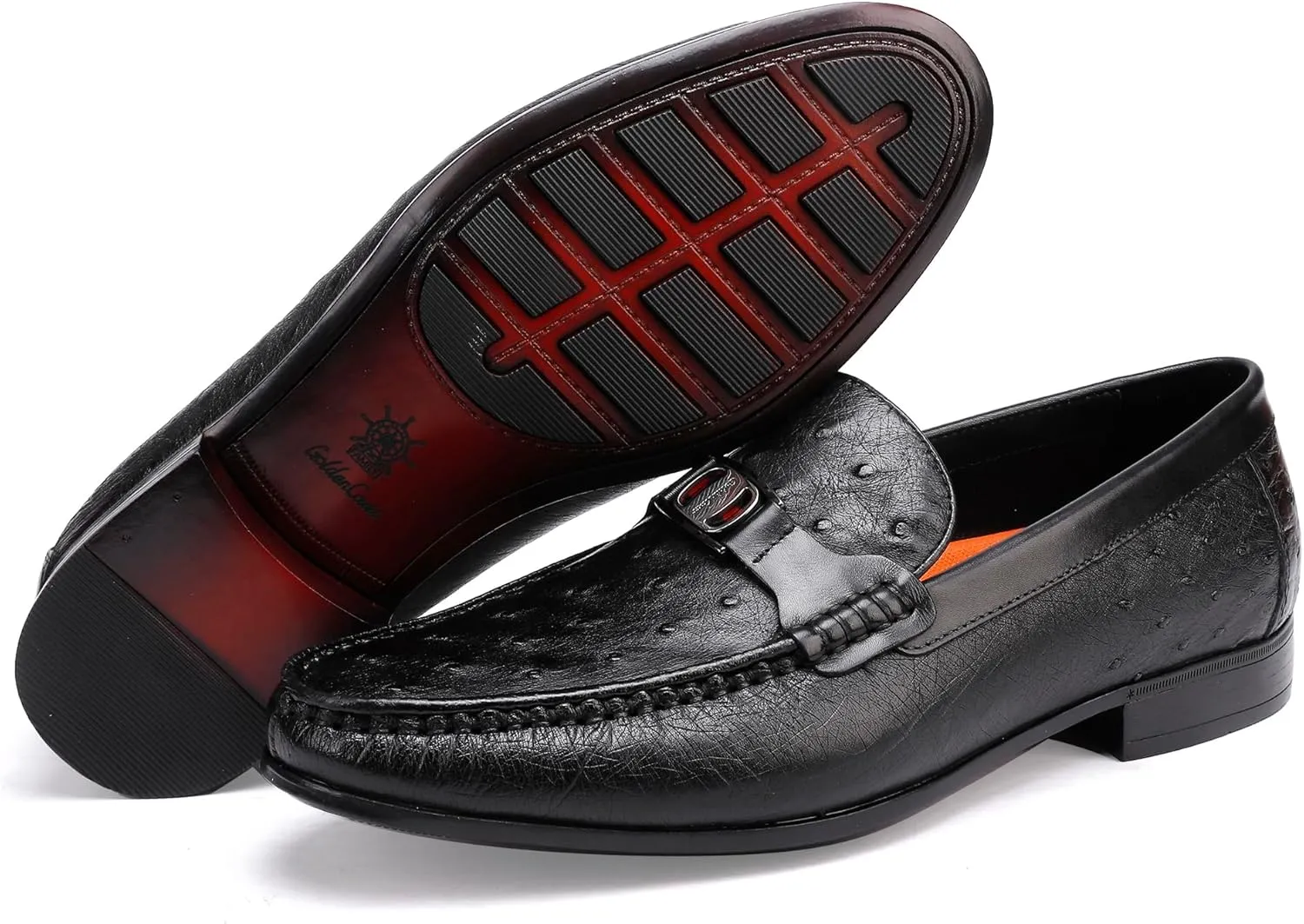 Men's Genuine Leather Loafer, Luxury Ostrich Printed Dress Shoes with Buckle Business Formal Shoes Wedding Penny Loafer for Men, Black