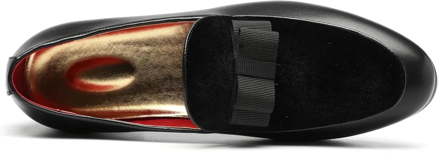 Mens Loafers Velvet Driving Shoes for Men Leather Moccasin Wedding Dress Smoking Slipper Bow Black Red