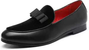 Mens Loafers Velvet Driving Shoes for Men Leather Moccasin Wedding Dress Smoking Slipper Bow Black Red