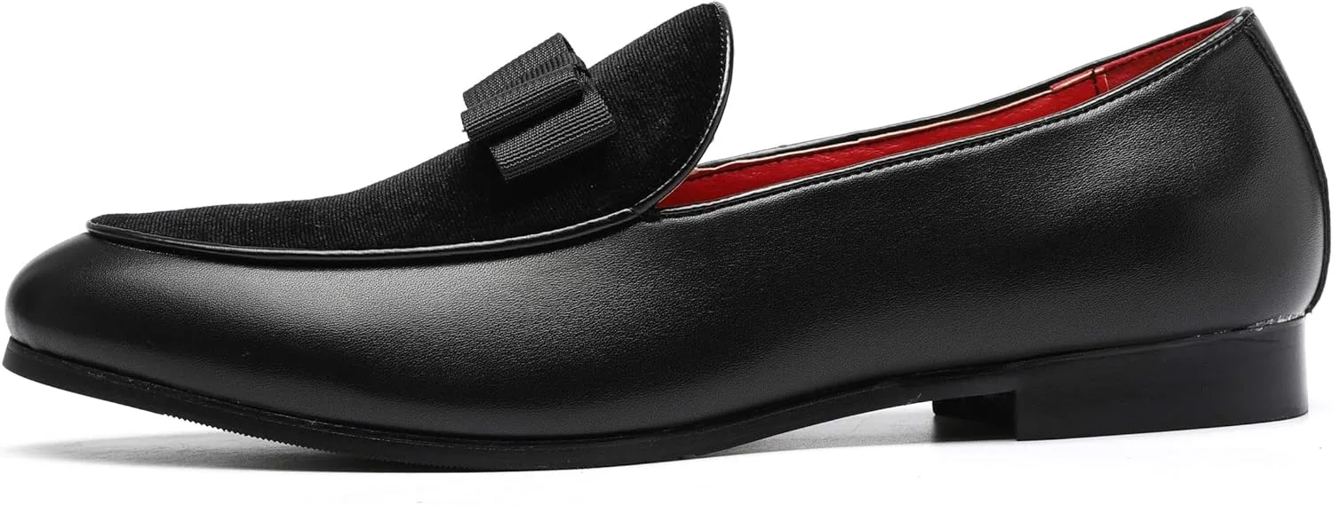 Mens Loafers Velvet Driving Shoes for Men Leather Moccasin Wedding Dress Smoking Slipper Bow Black Red