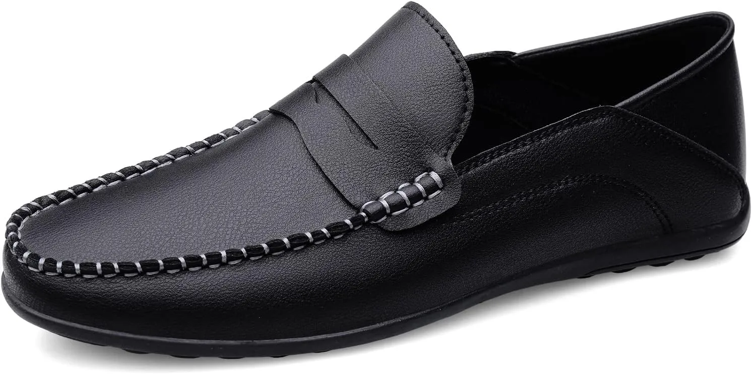 Men's Vintage Hand Stitched Leather Loafers Comfortable Slip On Soft Sole Moccasin Boat Shoes Stylish Casual Driving Walking Dress Flats for Business