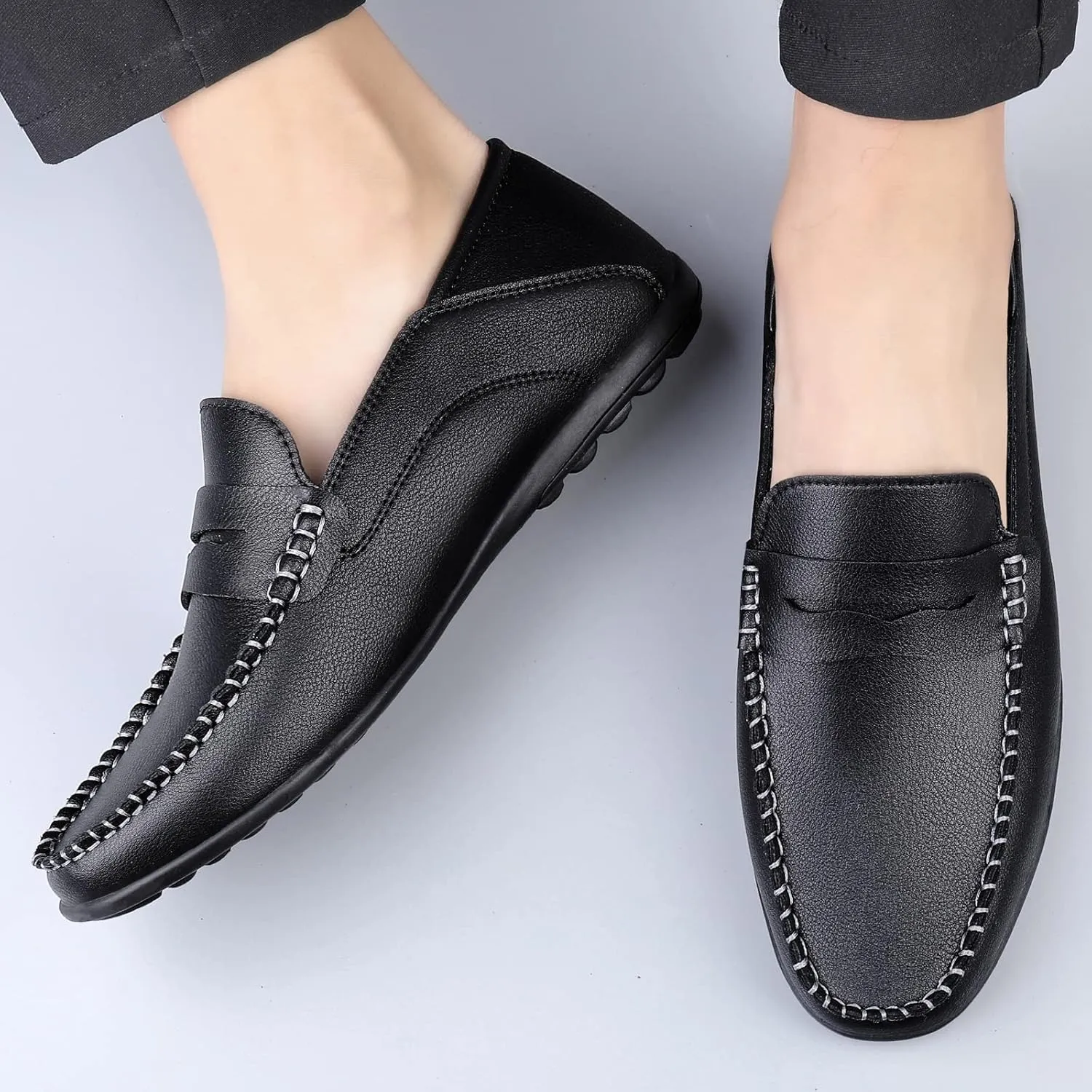 Men's Vintage Hand Stitched Leather Loafers Comfortable Slip On Soft Sole Moccasin Boat Shoes Stylish Casual Driving Walking Dress Flats for Business