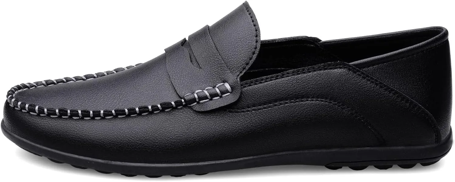 Men's Vintage Hand Stitched Leather Loafers Comfortable Slip On Soft Sole Moccasin Boat Shoes Stylish Casual Driving Walking Dress Flats for Business