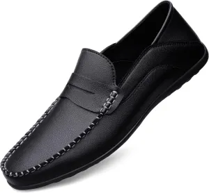 Men's Vintage Hand Stitched Leather Loafers Comfortable Slip On Soft Sole Moccasin Boat Shoes Stylish Casual Driving Walking Dress Flats for Business
