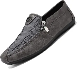 Men's Vintage Leather Zipper Loafers Slip On Comfortable Soft Sole Moccasin Boat Shoes Stylish Casual Driving Walking Shoes