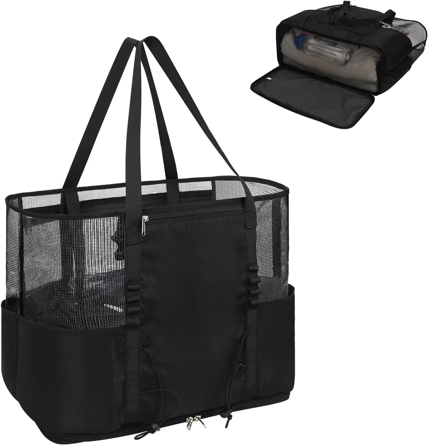 Mesh Beach Bag, Extra Large Beach Bags for Women, Travel Beach Tote Bag with Multi Pockets for Family & Vacation Essentials, Waterproof Sandproof Mesh Tote Bag with Wet Dry Separation for Swim Pool