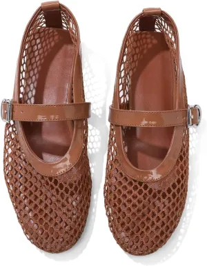Mesh Flats for Women Ballerina Comfortable Mule Casual Round Toe Buckle Strap Ballet Mary Jane Shoes for Summer