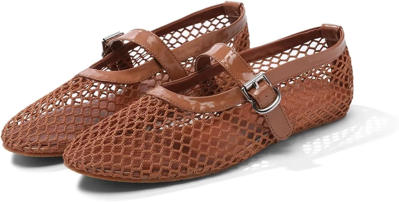 Mesh Flats for Women Ballerina Comfortable Mule Casual Round Toe Buckle Strap Ballet Mary Jane Shoes for Summer