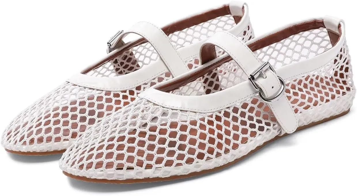 Mesh Flats for Women Ballerina Comfortable Mule Casual Round Toe Buckle Strap Ballet Mary Jane Shoes for Summer