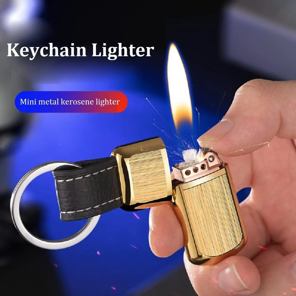 Mini Keychain Lighter EDC, Vintage Trench, Waterproof Outdoor Survival Lighter - Fluid Refillable Metal (Golden)
