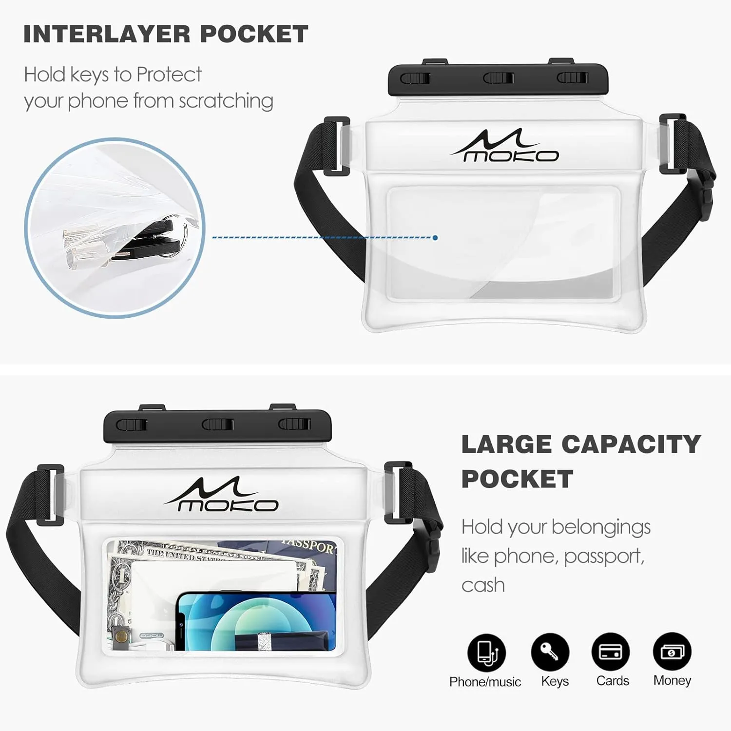 MoKo Waterproof Phone Pouch Fanny Pack, Floating Dry Bag for Swimming Kayaking Snorkeling, Compatible with iPhone 14 13 12 11 Pro Max X/Xr/Xs Max, Galaxy S21 Ultra/S9/Note 10 Plus, Matte White