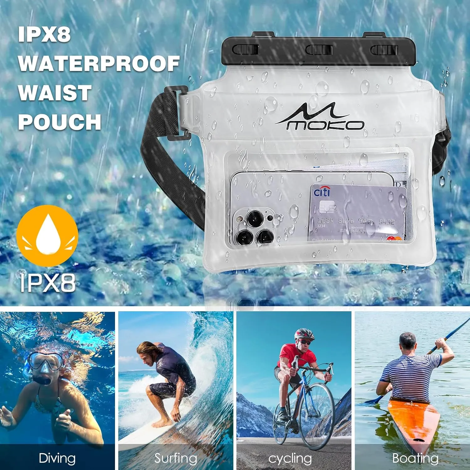 MoKo Waterproof Phone Pouch Fanny Pack, Floating Dry Bag for Swimming Kayaking Snorkeling, Compatible with iPhone 14 13 12 11 Pro Max X/Xr/Xs Max, Galaxy S21 Ultra/S9/Note 10 Plus, Matte White