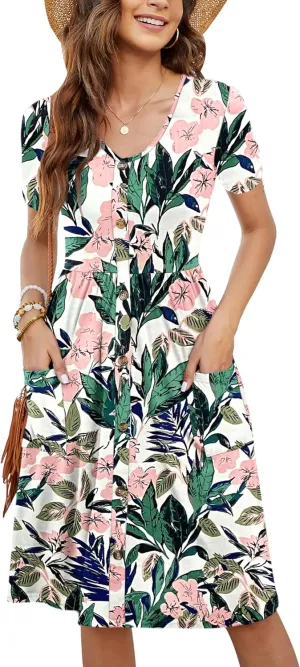 MOLERANI Women Summer Casual Short Sleeve V Neck Dresses Button Down Sundress Beach Vacation with Pockets Travel Outfits