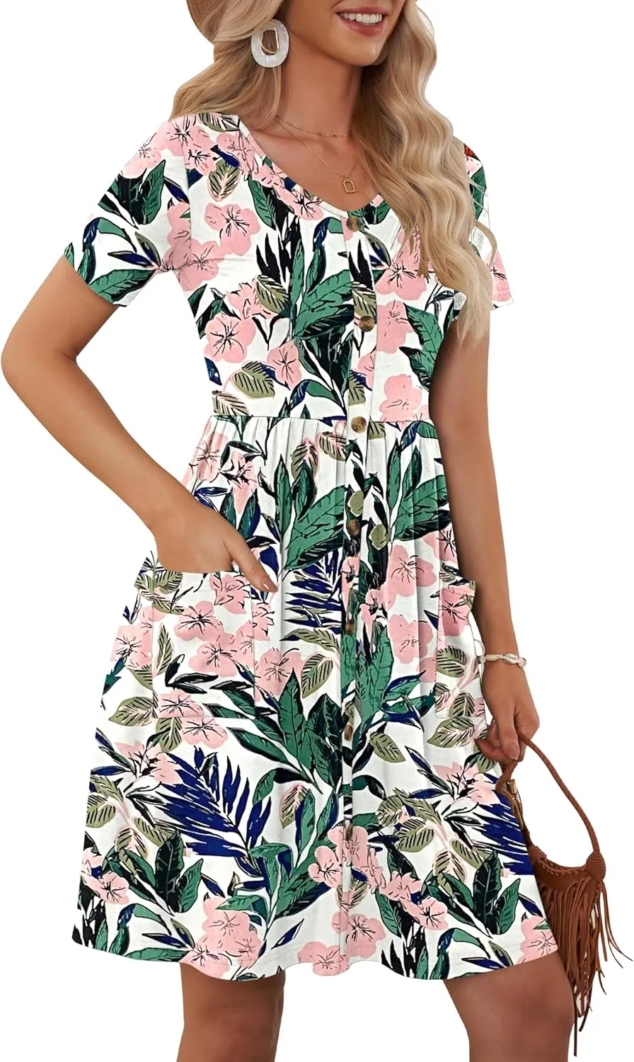 MOLERANI Women Summer Casual Short Sleeve V Neck Dresses Button Down Sundress Beach Vacation with Pockets Travel Outfits