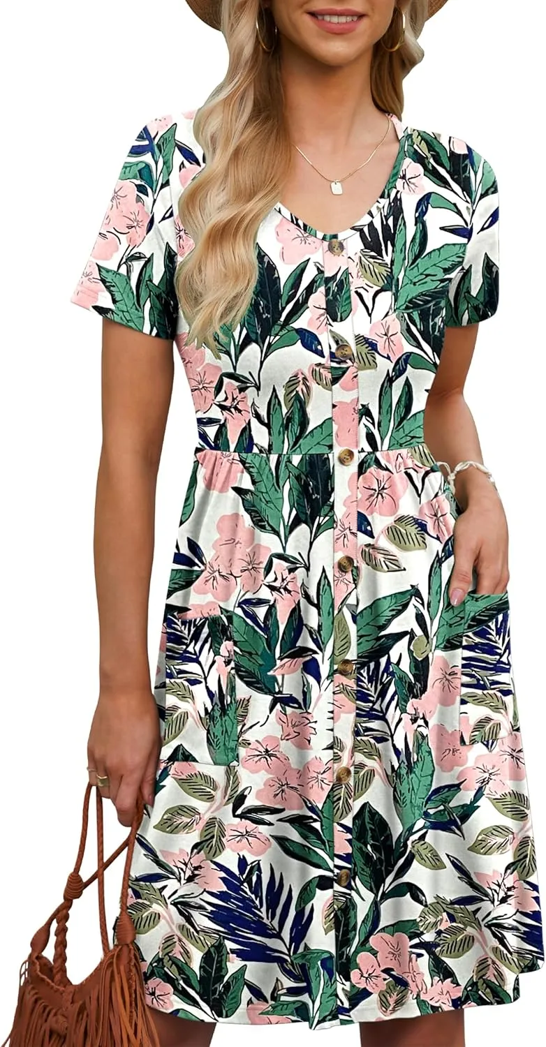 MOLERANI Women Summer Casual Short Sleeve V Neck Dresses Button Down Sundress Beach Vacation with Pockets Travel Outfits
