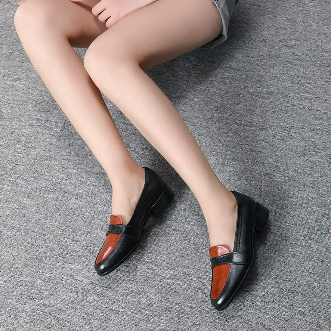 Mona flying Women's Leather Dress Penny Loafers Slip On Flats Office Ladies Casual Shoes