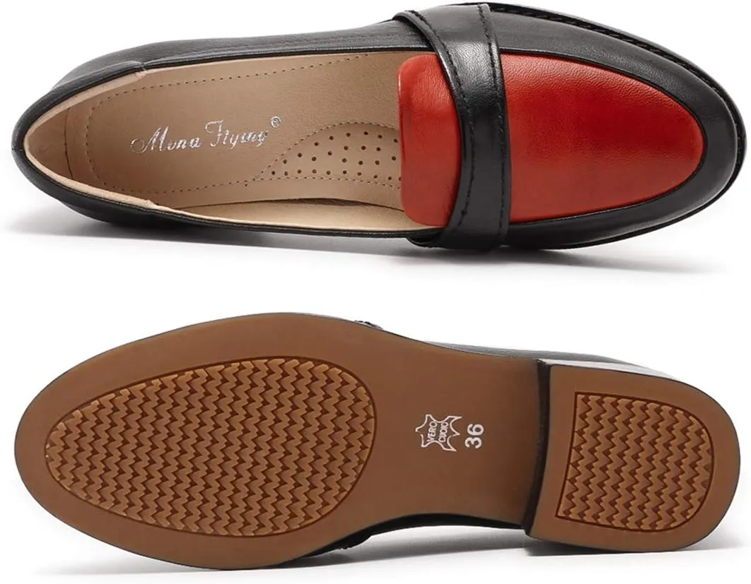 Mona flying Women's Leather Dress Penny Loafers Slip On Flats Office Ladies Casual Shoes