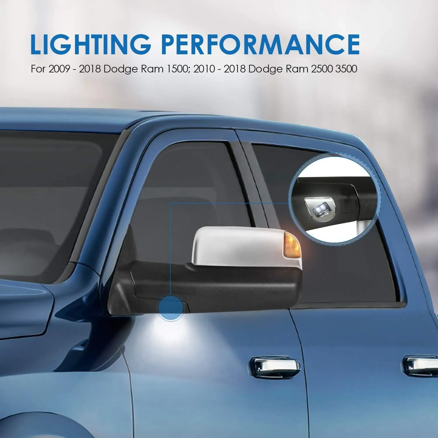 MOSTPLUS Power Heated Towing Mirrors Compatible for 2009-2018 Ram 1500 2500 3500/2019-2024 Ram 1500 Classic Pickup Led Signal Puddle Lights Pair W/Ambient Temperature Sensor (Chrome)