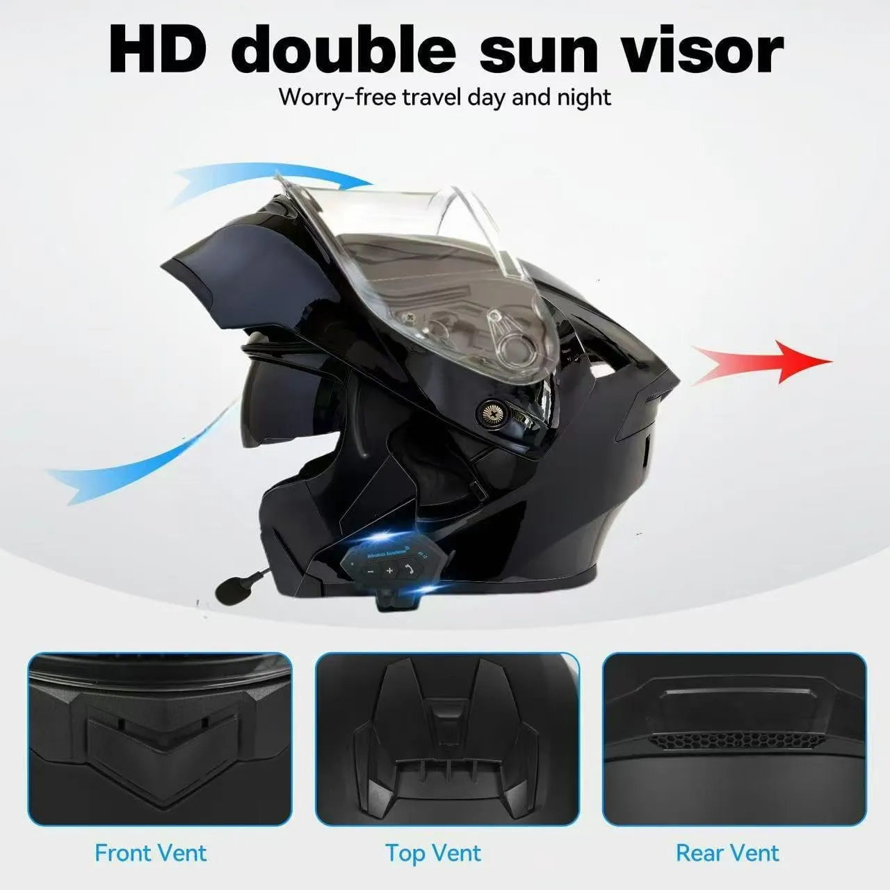 Motorcycle Bluetooth Modular Helmet, DOT Approved Flip Up Full Face Motorcycle Dual Visor Helmet, with Dual Speakers and Microphone, for Adults Men and Women