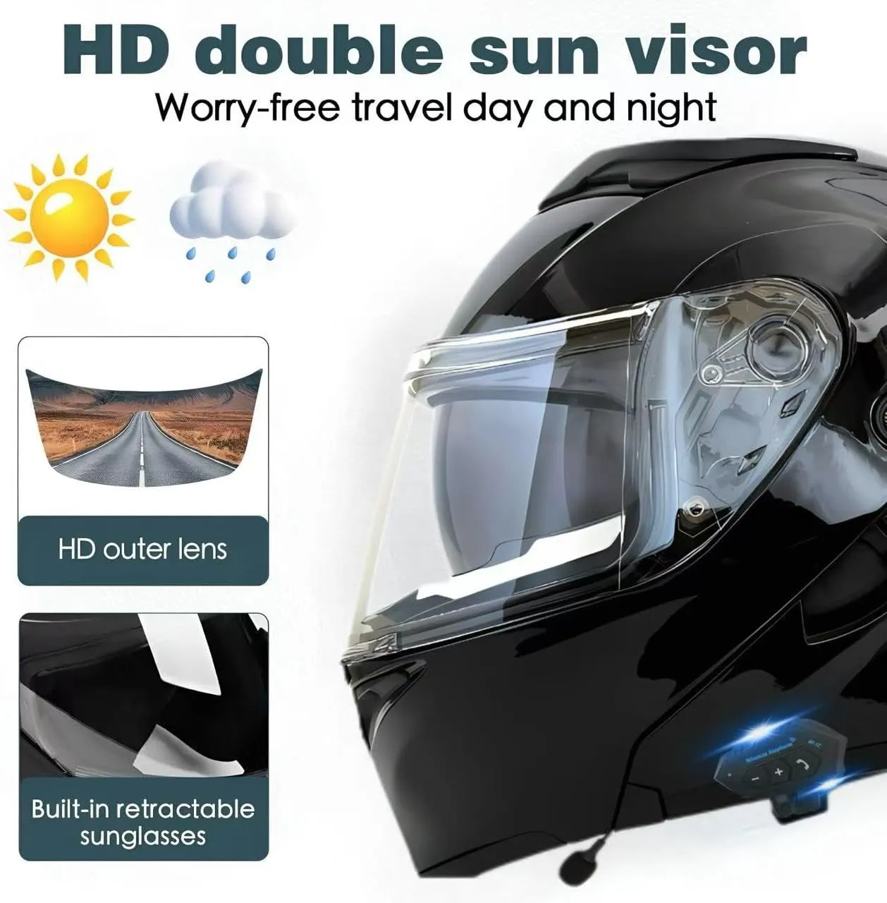 Motorcycle Bluetooth Modular Helmet, DOT Approved Flip Up Full Face Motorcycle Dual Visor Helmet, with Dual Speakers and Microphone, for Adults Men and Women
