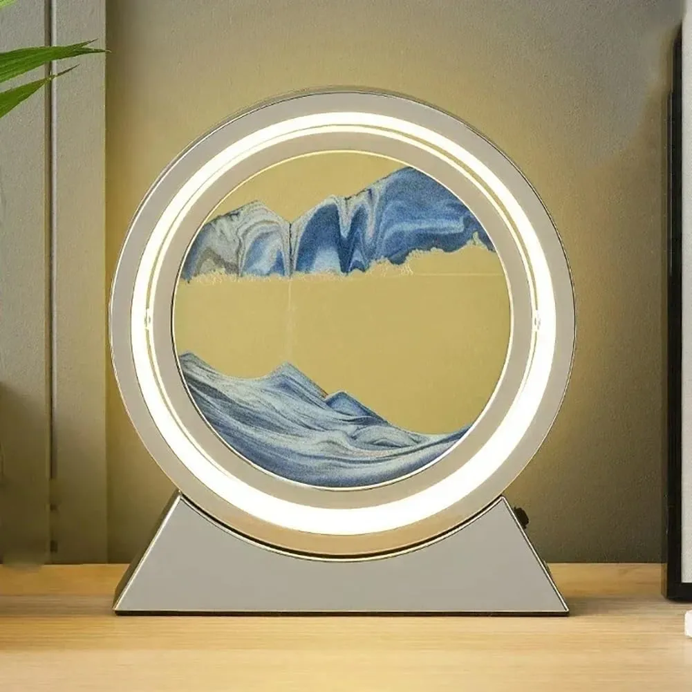 Moving Sand Art Decor Lamp, Deep Sea Dynamic 3D Sandscapes Pictures In Motion Office Desktop Art Decor For Table Toys And Decoration, Relaxation, Rotatable Quicksand Painting Light(Blue,Silver Frame)
