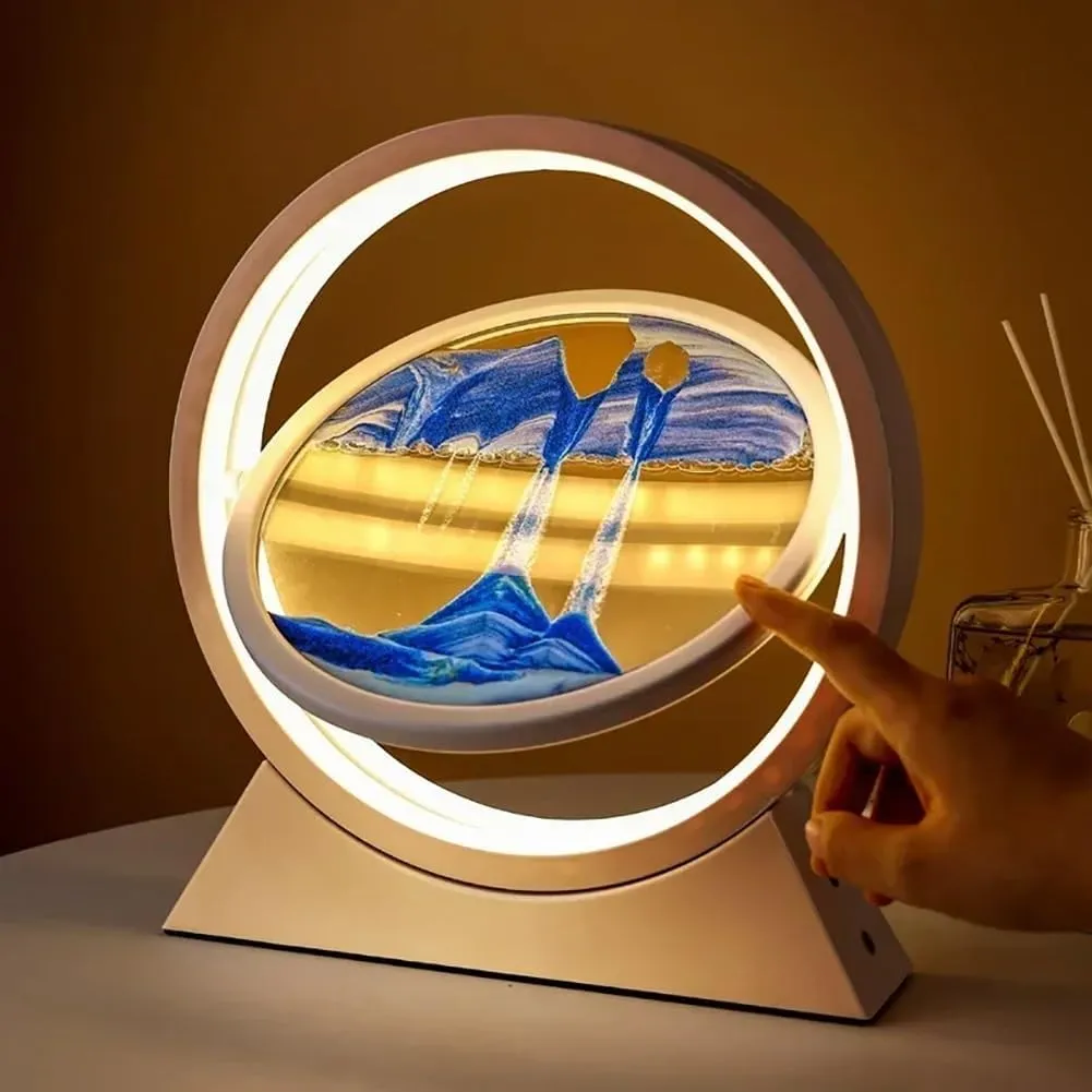 Moving Sand Art Decor Lamp, Deep Sea Dynamic 3D Sandscapes Pictures In Motion Office Desktop Art Decor For Table Toys And Decoration, Relaxation, Rotatable Quicksand Painting Light(Blue,Silver Frame)