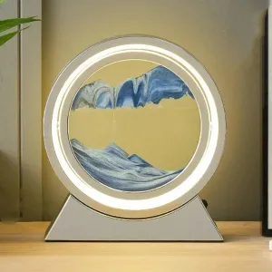 Moving Sand Art Decor Lamp, Deep Sea Dynamic 3D Sandscapes Pictures In Motion Office Desktop Art Decor For Table Toys And Decoration, Relaxation, Rotatable Quicksand Painting Light(Blue,Silver Frame)