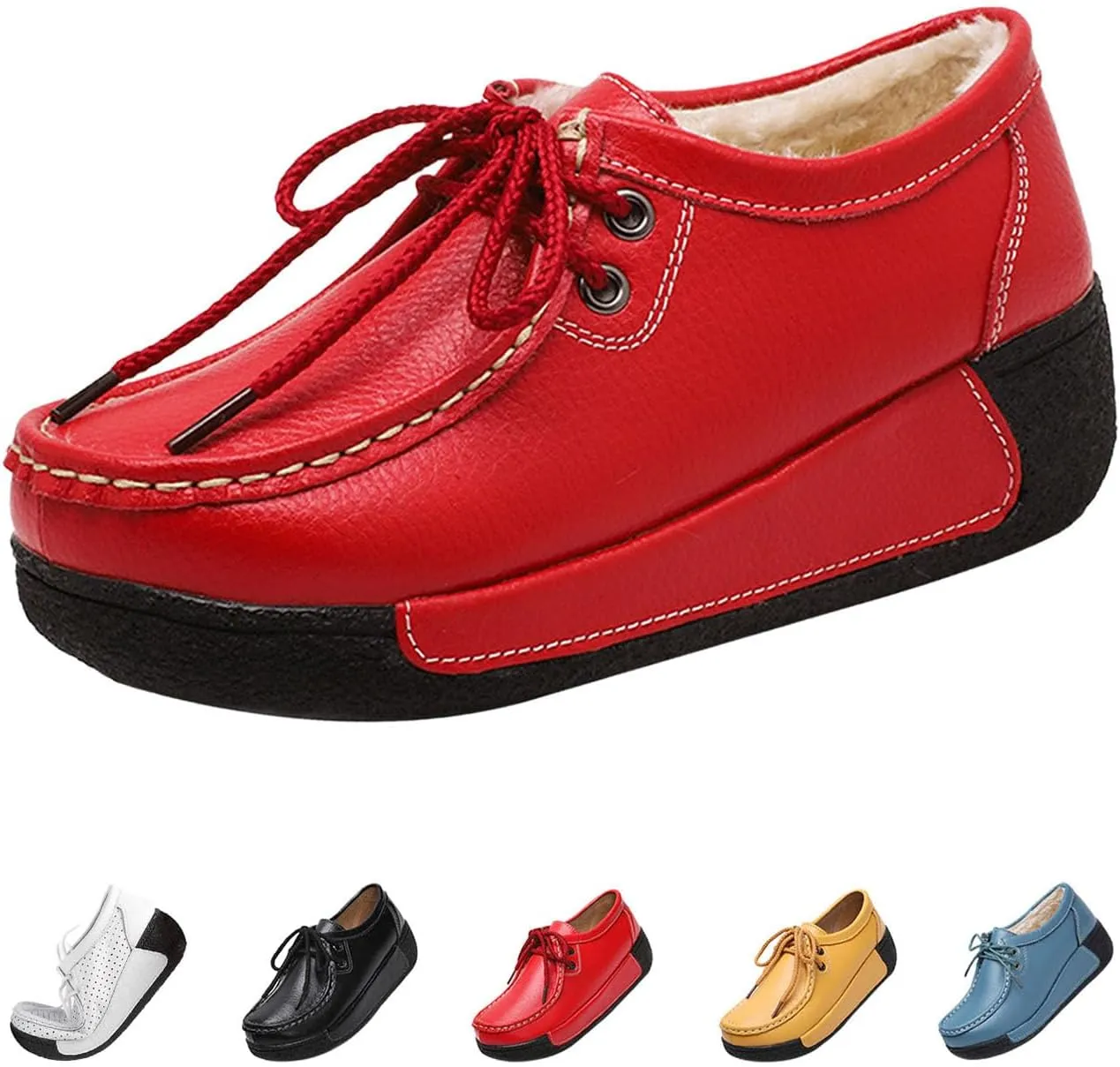 MOYOWEI Women's Leather Platform Wedge Sneakers,Comfort Moc Toe Non-Slip Softsole Lace-up Casual Walking Loafers Boat Shoes