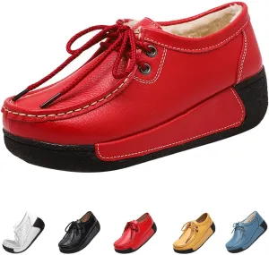 MOYOWEI Women's Leather Platform Wedge Sneakers,Comfort Moc Toe Non-Slip Softsole Lace-up Casual Walking Loafers Boat Shoes