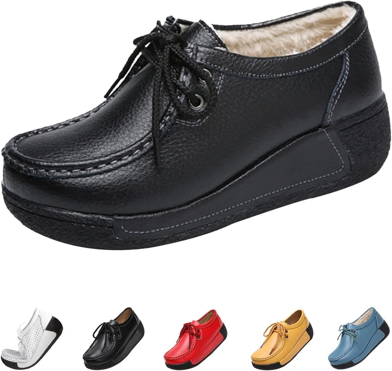 MOYOWEI Women's Leather Platform Wedge Sneakers,Comfort Moc Toe Non-Slip Softsole Lace-up Casual Walking Loafers Boat Shoes