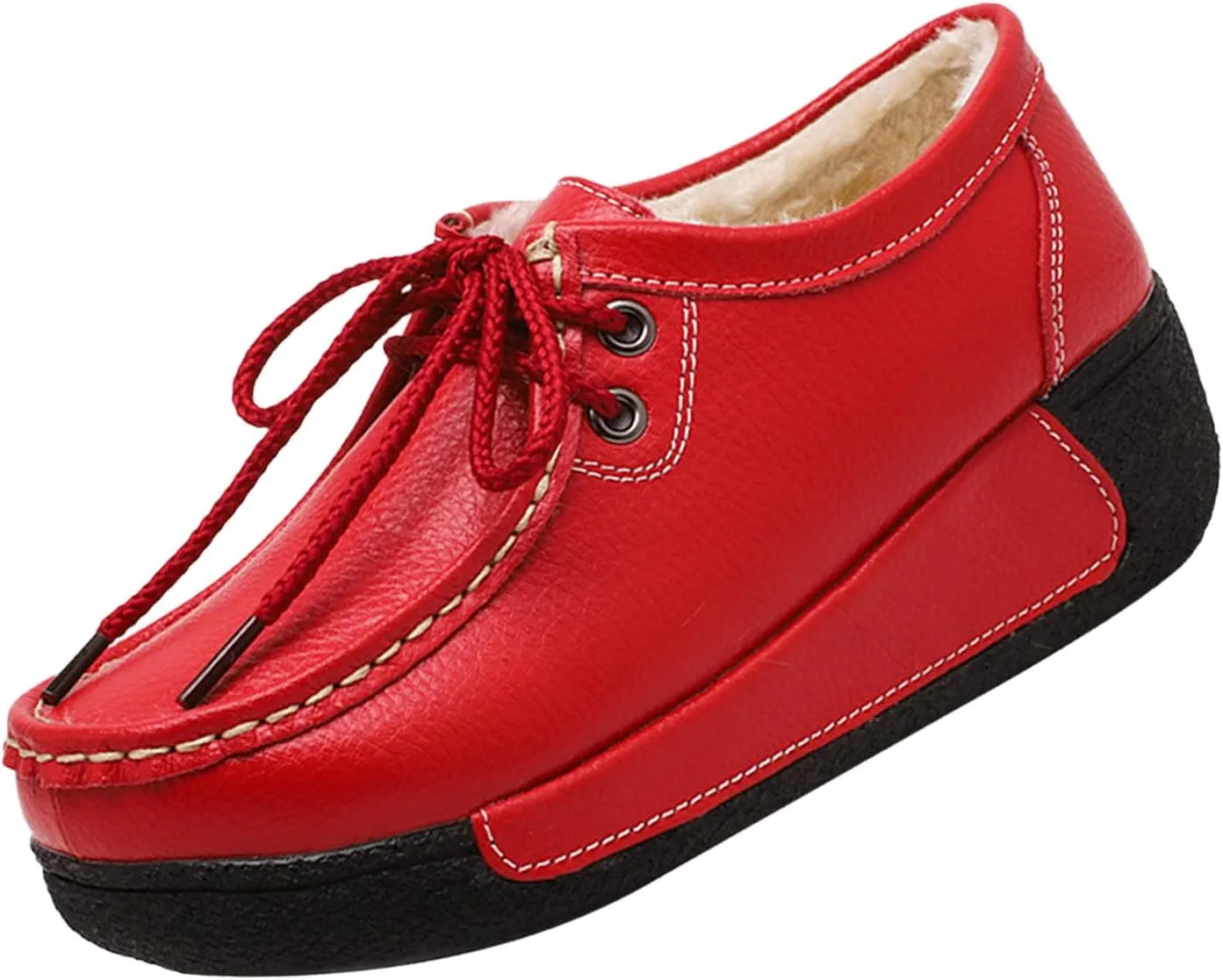 MOYOWEI Women's Leather Platform Wedge Sneakers,Comfort Moc Toe Non-Slip Softsole Lace-up Casual Walking Loafers Boat Shoes