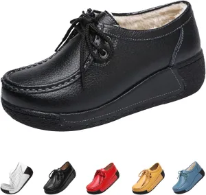 MOYOWEI Women's Leather Platform Wedge Sneakers,Comfort Moc Toe Non-Slip Softsole Lace-up Casual Walking Loafers Boat Shoes