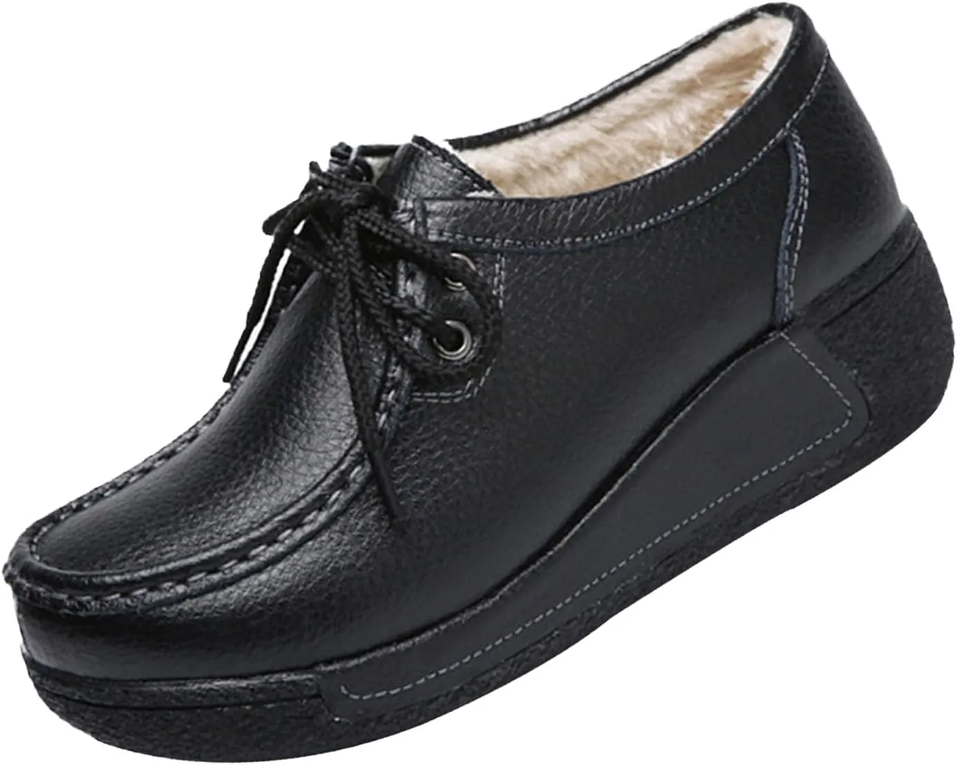 MOYOWEI Women's Leather Platform Wedge Sneakers,Comfort Moc Toe Non-Slip Softsole Lace-up Casual Walking Loafers Boat Shoes
