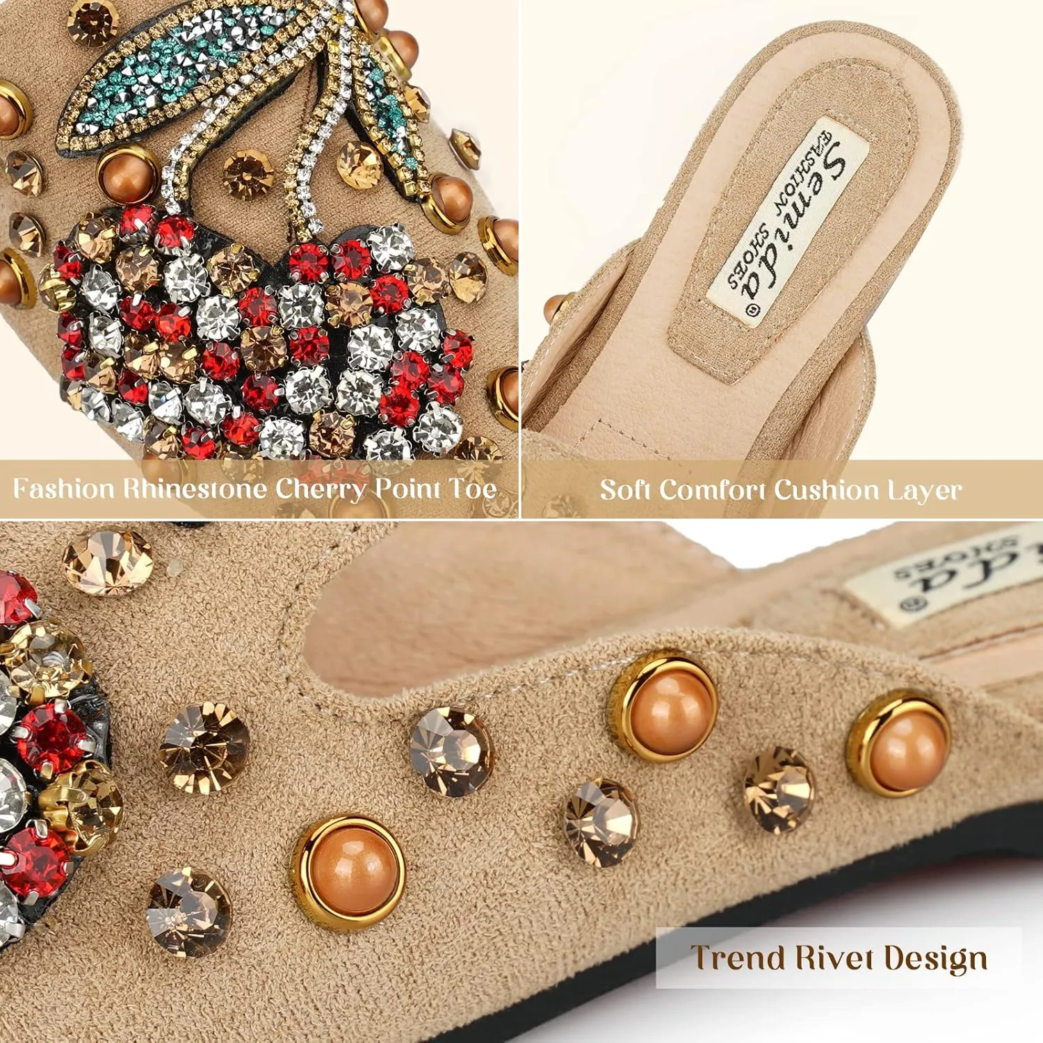 Mules for Women Flats Comfortable Soft Memory Foam Insole Cherry Pointed Rivet Mule Shoes