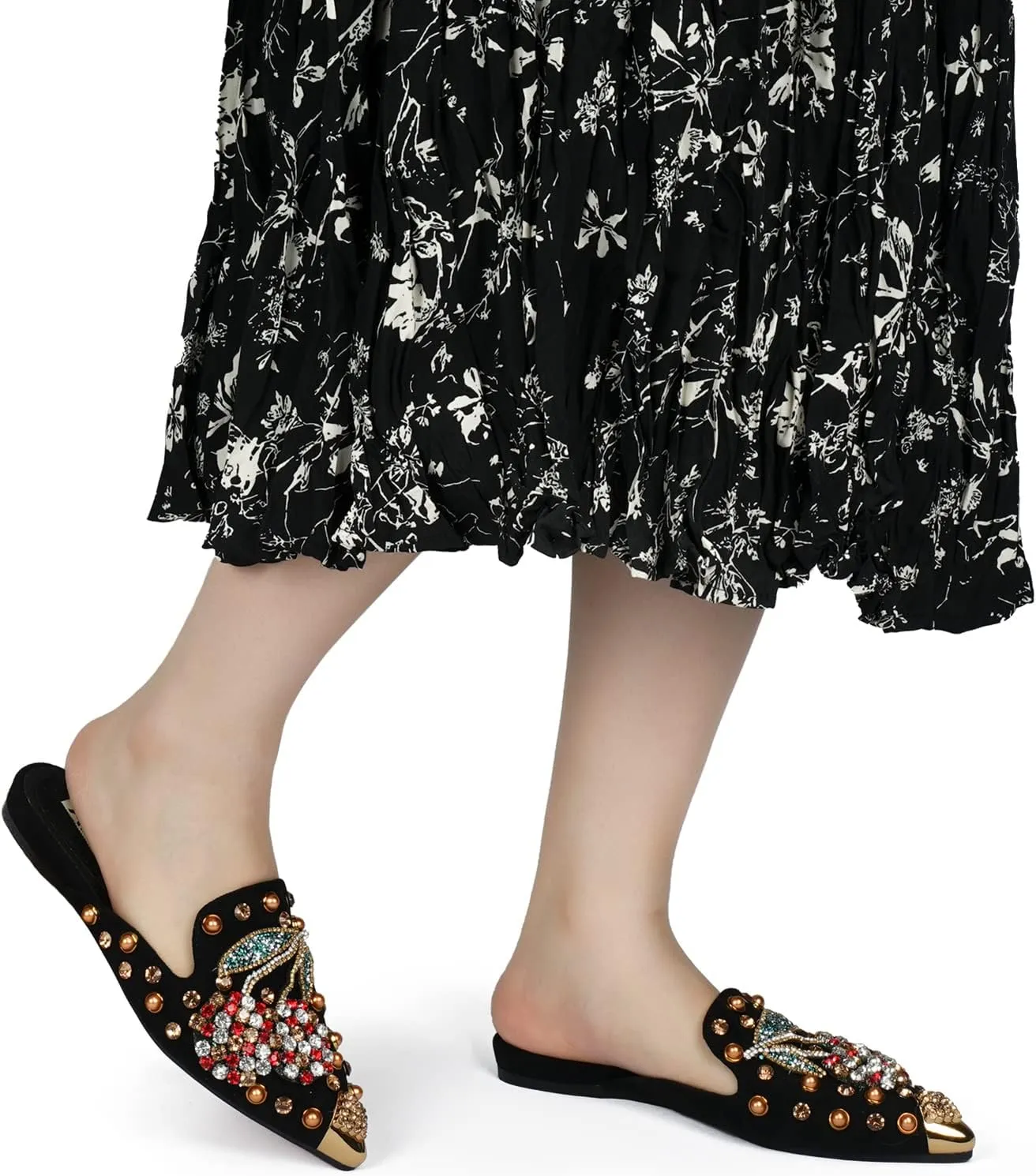 Mules for Women Flats Comfortable Soft Memory Foam Insole Cherry Pointed Rivet Mule Shoes