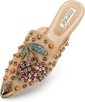 Mules for Women Flats Comfortable Soft Memory Foam Insole Cherry Pointed Rivet Mule Shoes