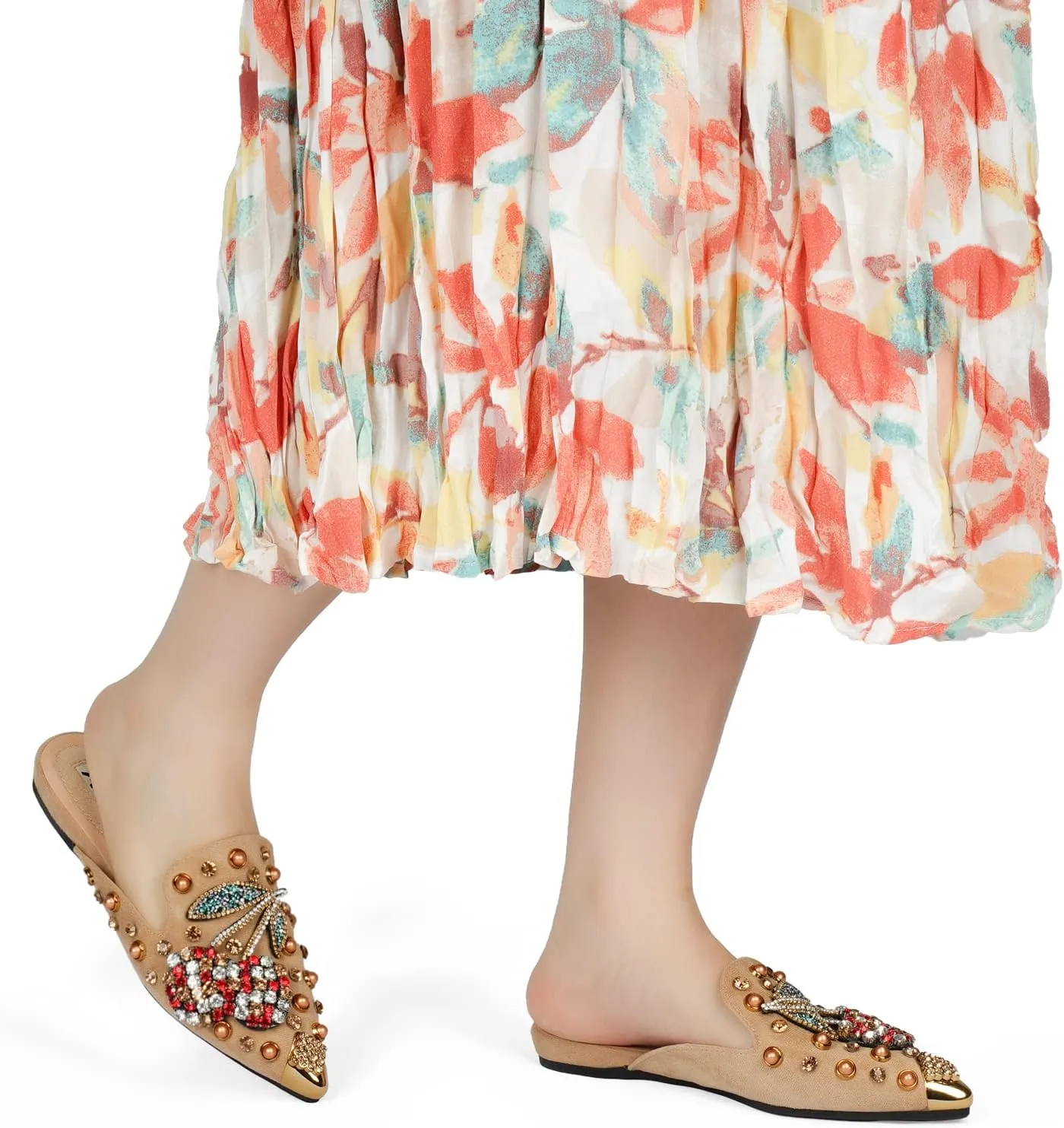 Mules for Women Flats Comfortable Soft Memory Foam Insole Cherry Pointed Rivet Mule Shoes