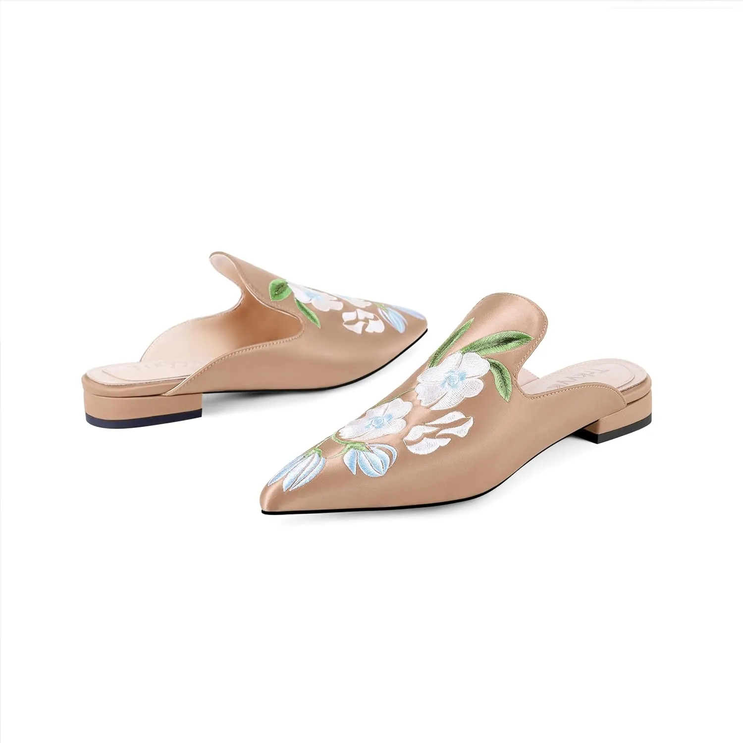 Mules for Women Pointed Toe Embroidered Shoes Satin Comfortable Flats Backless Loafers