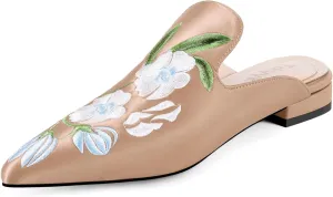 Mules for Women Pointed Toe Embroidered Shoes Satin Comfortable Flats Backless Loafers