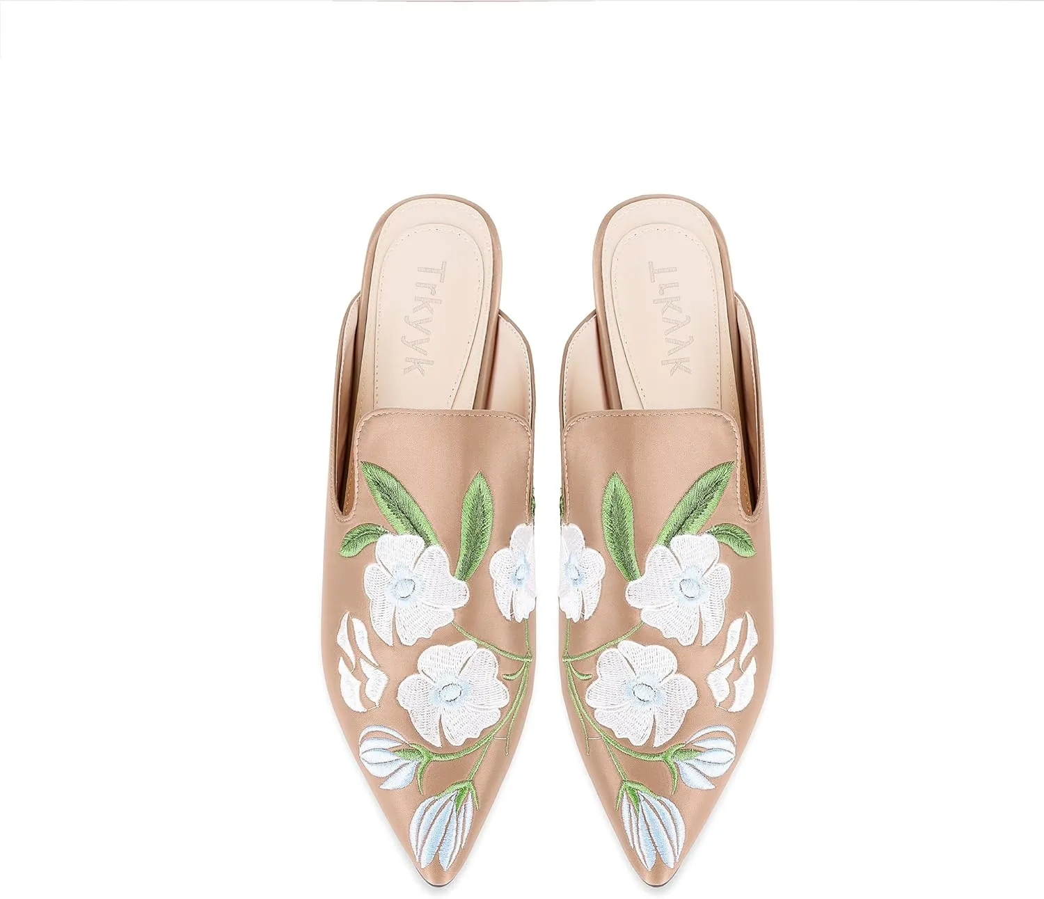 Mules for Women Pointed Toe Embroidered Shoes Satin Comfortable Flats Backless Loafers